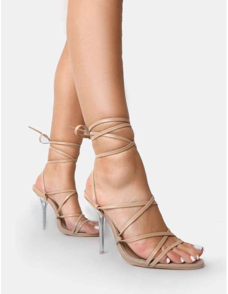 NOBU NUDE PU LACE UP ROUND TOE PERSPEX STILETTO HEELS