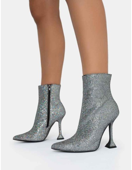 Arabella SIlver Glitter Pointed Toe Cake Stand Heeled Ankle Boots