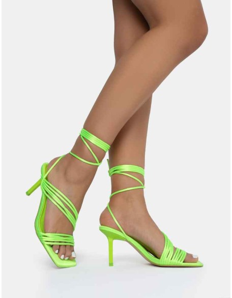 Esla Lime Satin Multi Strap Lace Up Square Toe Mid Stiletto Heels