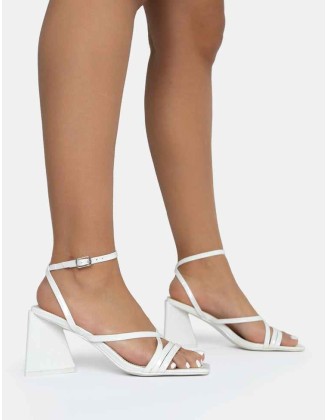 Kasia White Croc Strappy Square Toe Mid Flared Block Heels
