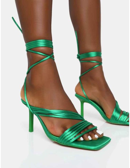 Esla Wide Fit Green Satin Multi Strap Lace Up Square Toe Mid Stiletto Heels