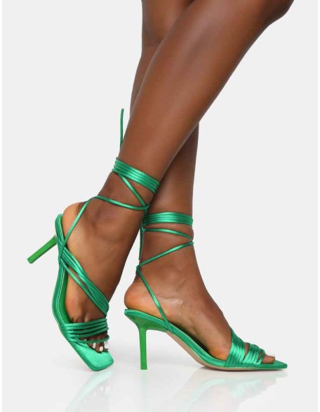 Esla Wide Fit Green Satin Multi Strap Lace Up Square Toe Mid Stiletto Heels