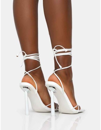 Ci Ci White Pu Square Toe Lace Up Stiletto Heels