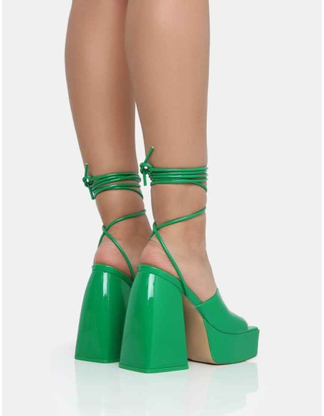 Orchid Green Patent Lace Up Mule Square Toe Platform Block Heels