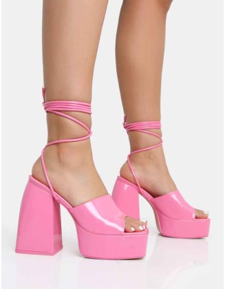 Orchid Pink Patent Lace Up Mule Square Toe Platform Block Heels