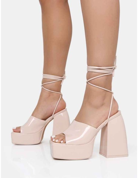 Orchid Nude Patent Lace Up Mule Square Toe Platform Block Heels