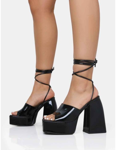 Orchid Black Patent Lace Up Mule Square Toe Platform Block Heels