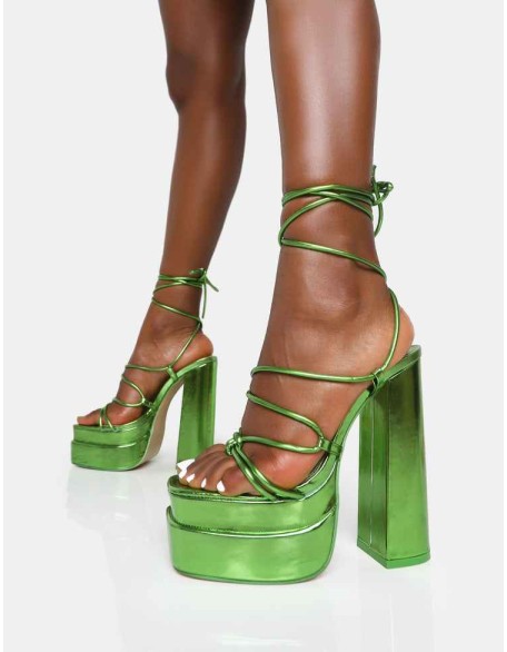Glow Girl Green Mirror Lace Up Platform High Heels