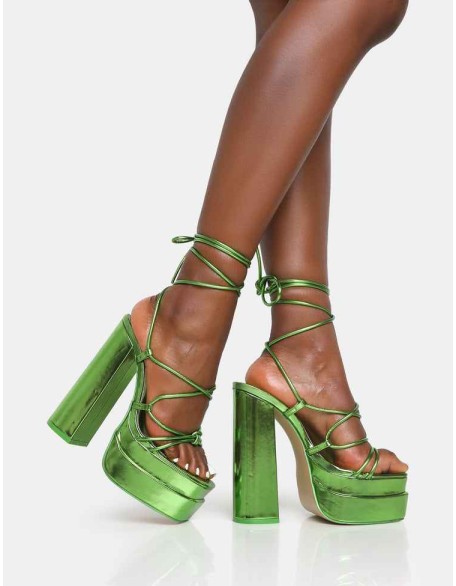 Glow Girl Green Mirror Lace Up Platform High Heels