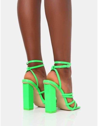 Tobi Neon Lime Strappy Square Toe High Block Heels