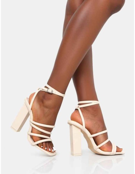 Tobi Ecru Patent Strappy Square Toe High Block Heels