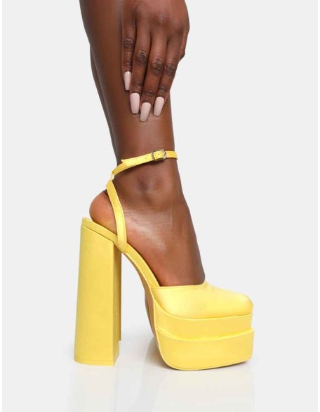 Moonchild Yellow Satin Closed Toe Statement Platform Block Heels