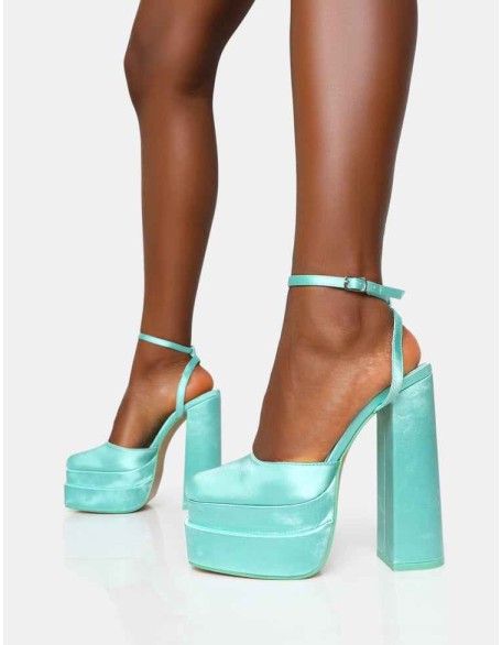 Moonchild Turquoise Satin Closed Toe Statement Platform Block Heels