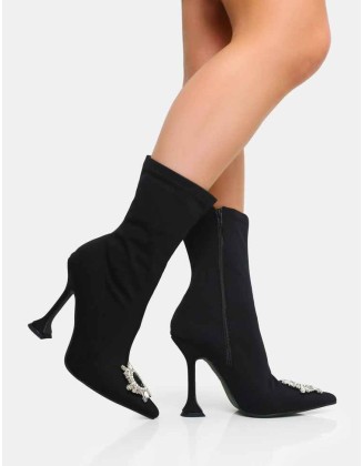 Modena Black Nylon Diamantie Broach Cake Stand Heel Sock Ankle Boot