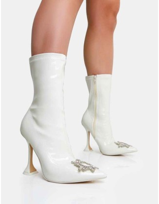 Modena Ecru Patent Diamantie Broach Cake Stand Heel Ankle Boot