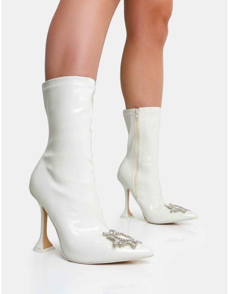 Modena Ecru Patent Diamantie Broach Cake Stand Heel Ankle Boot