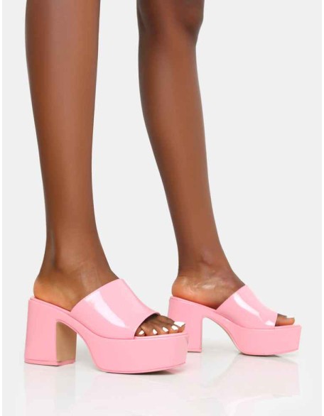 Ariel Pink Patent Patent Mule Chunky Mid Platform Heels