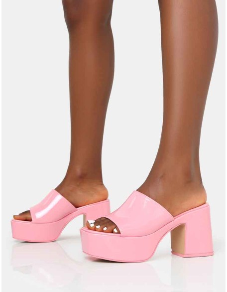 Ariel Pink Patent Patent Mule Chunky Mid Platform Heels
