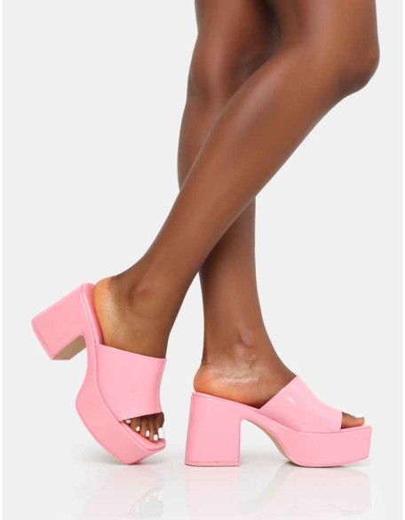 Ariel Pink Patent Patent Mule Chunky Mid Platform Heels