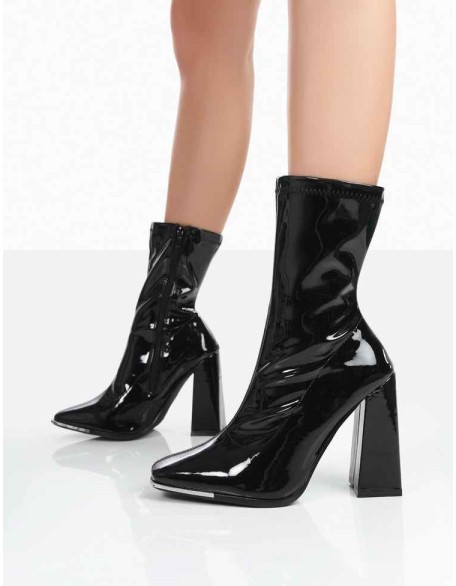 Liberty Black Patent Sock Block Heeled Ankle Boots