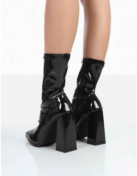 Liberty Black Patent Sock Block Heeled Ankle Boots