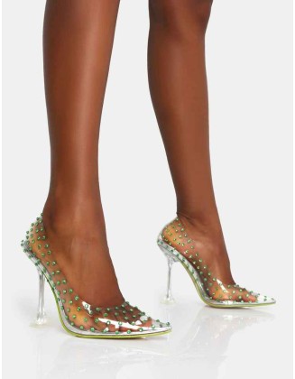 Fancy Lime Diamante Detail Court Clear Perspex Pointed Toe Stiletto Heels