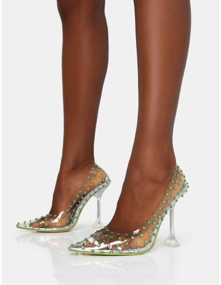 Fancy Lime Diamante Detail Court Clear Perspex Pointed Toe Stiletto Heels