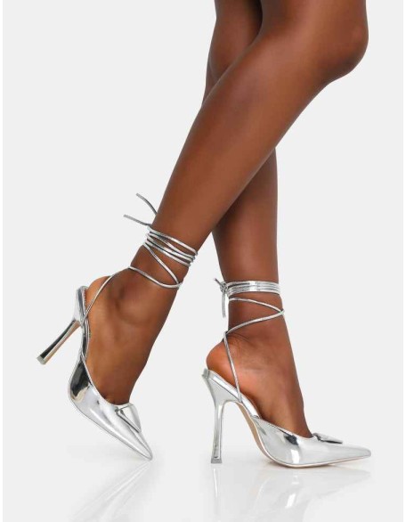 Vada Silver Mirror Slingback Lace Up Pointed Toe Stiletto Heels