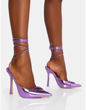 Vada Purple Mirror Slingback Lace Up Pointed Toe Stiletto Heels