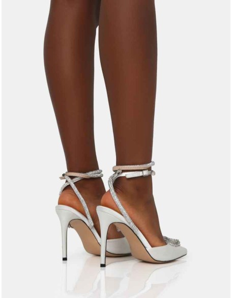 Cupid Off White Satin Diamante Heart Wrap Around Pointed Toe Stiletto Heels