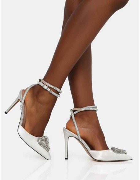 Cupid Off White Satin Diamante Heart Wrap Around Pointed Toe Stiletto Heels