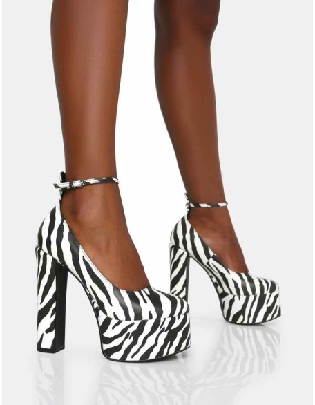 Donatella Zebra Print Ankle Strap Rounded Toe Platform Block Heels
