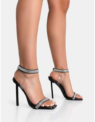 Afterglow Black Patent Barely There Diamante Strap Square Toe Stiletto Heels