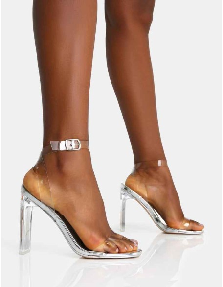 Inka Silver Mirror Perspex Round Toe Flat Block Heels