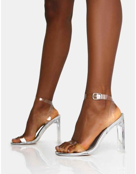 Inka Silver Mirror Perspex Round Toe Flat Block Heels