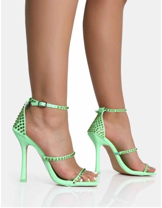 Golda Pastel Green Diamante Strappy Barely There Square Toe Stiletto Heels