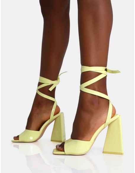 Mojito Yellow Patent Lace Up Pyramid Block Heels