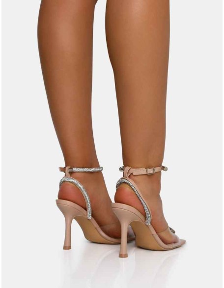 Front Row Nude Patent Perspex Diamante Bow Square Toe Mid Stiletto Heels