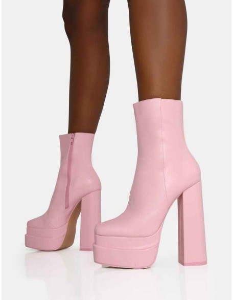 Supine Baby Pink PU Chunky Heeled Platform Ankle Boots