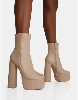 Supine Nude PU Chunky Heeled Platform Ankle Boots