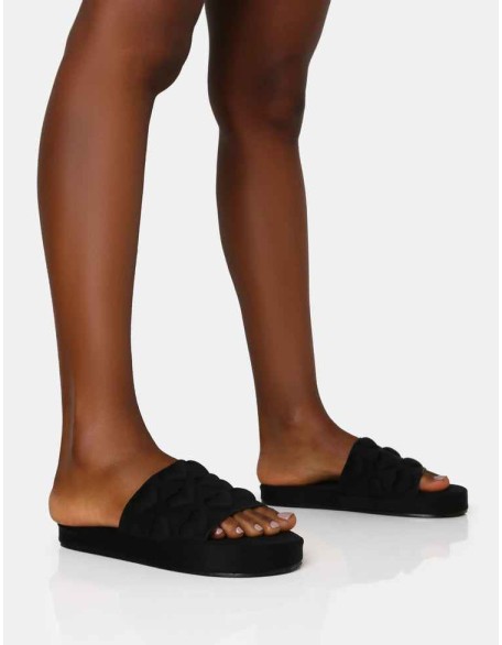 Bestie Black Nylon Embossed Heart Slider Sandals