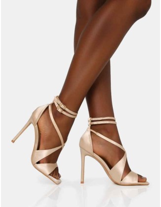 Moana Champagne Satin Cross Over Strap Square Toe Stiletto Heels