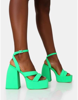 Money Honey Neon Green Nylon Padded Square Toe Chunky Platform Block Heels