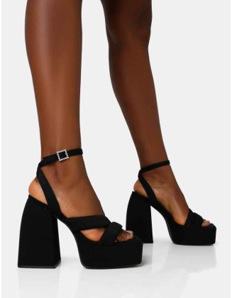 Money Honey Black Nylon Padded Square Toe Chunky Platform Block Heels