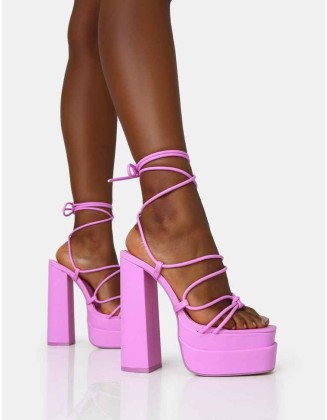 Glow Girl Bubblegum Pink PU Lace Up Platform Heels