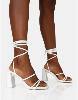 Natty White Pu Lace Up Square Toe Mid Block Heels