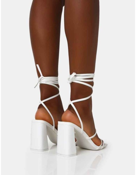 Natty White Pu Lace Up Square Toe Mid Block Heels