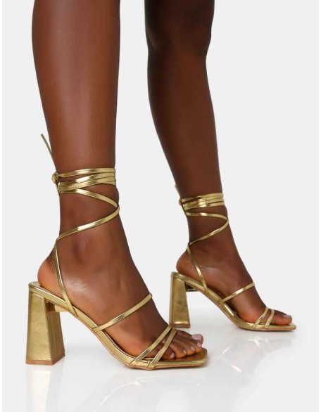Natty Gold Pu Lace Up Square Toe Mid Block Heels