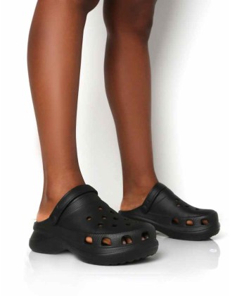 Frenzy Black Rubberised Sling Back Closed Toe Clog Sandals