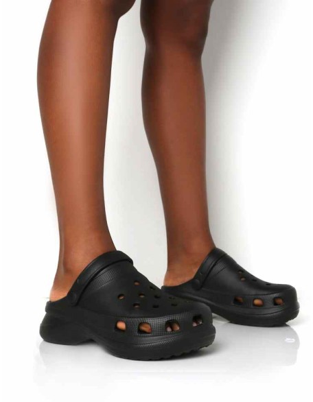 Frenzy Black Rubberised Sling Back Closed Toe Clog Sandals